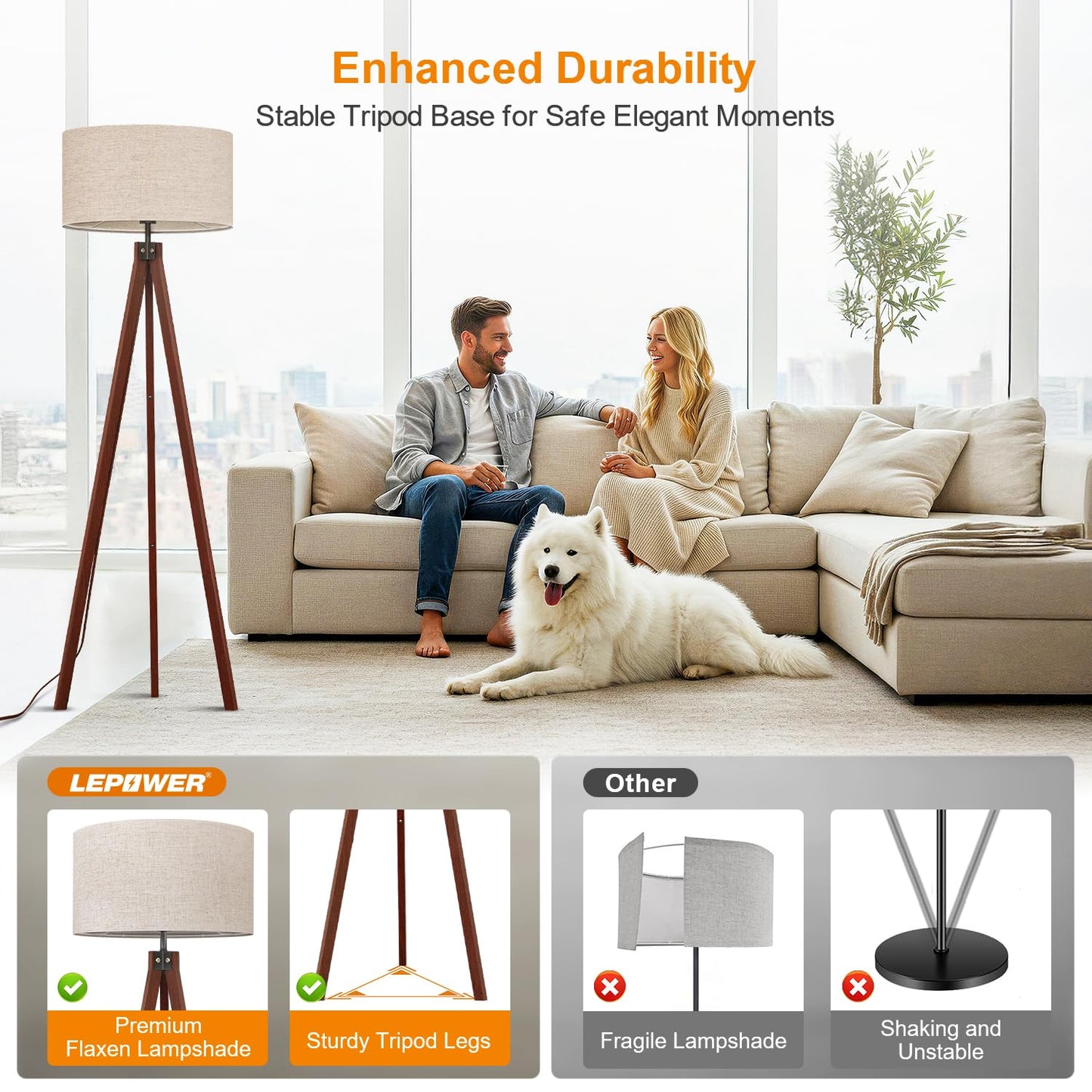 LEPOWER Wood Tripod Floor Lamp, Mid Century Standing Lamp, Modern Design Studying Light for Living Room, Bedroom, Study and Office, Flaxen Linen Shade with E26 Base Brown
