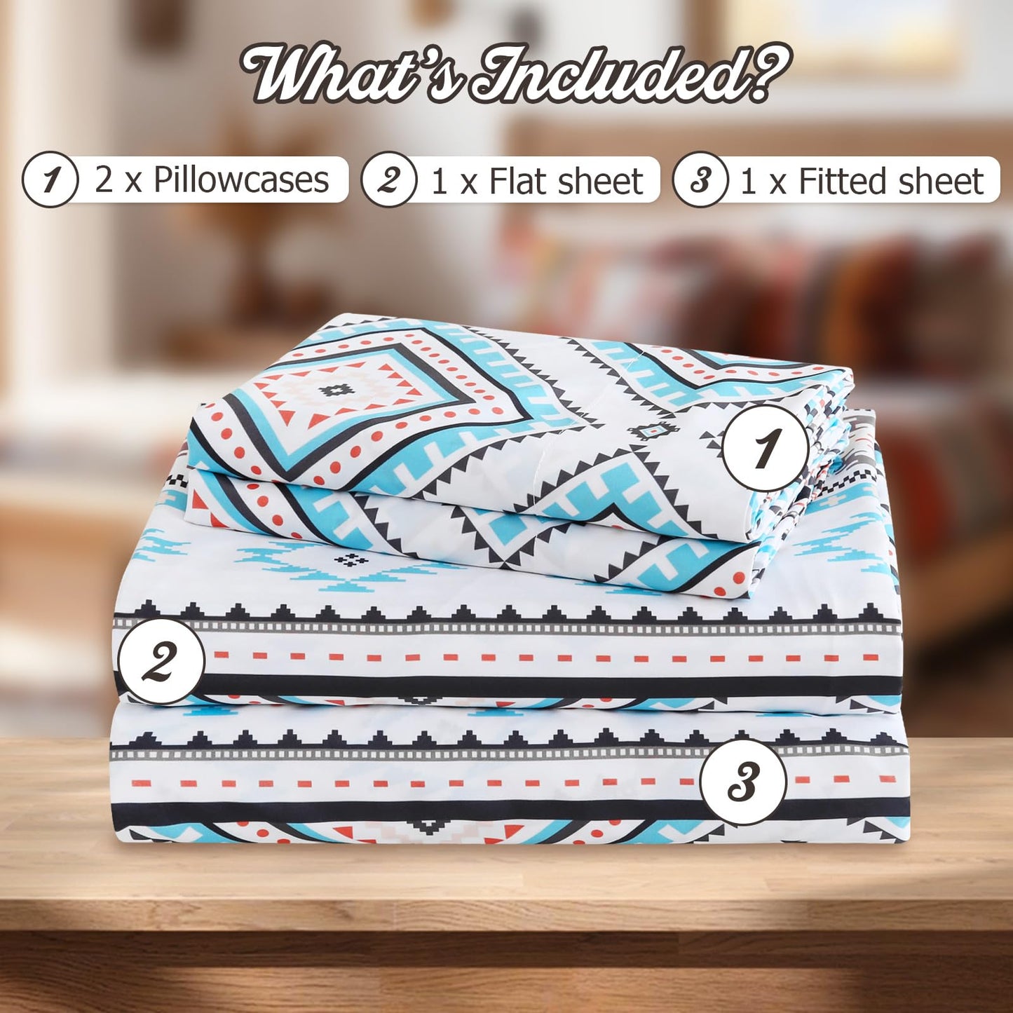 CozySmile 4 Pieces Queen Sheet Set Bohemian, Boho Sheets Soft Microfiber Deep Pocket, Western Sheets Geometric(Queen, Turquoise Geometric)