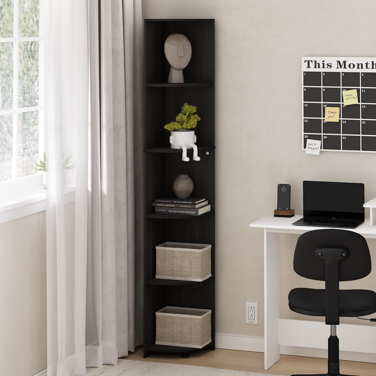 Furinno ECON Corner Shelf, 5-Tier Corner Book Shelf, Storage Shelves, Display Rack, Bookshelf, for Organization and Storage, Living Room, Home Office, Espresso