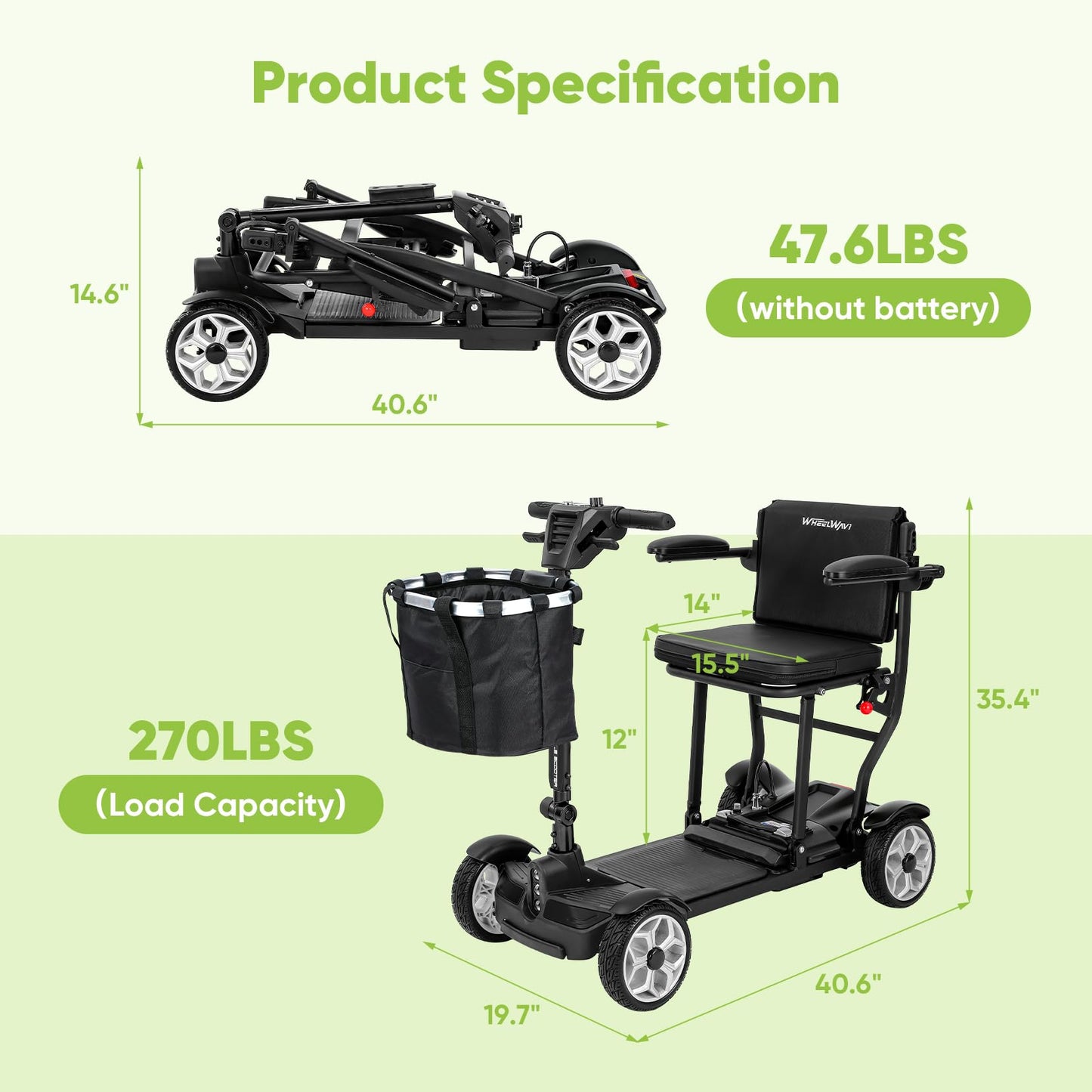 (2026 Upgrade) Lightweight Mobility Scooter for Seniors & Adults, Folding Mobility Scooters, 24.8 Miles Travel Foldable 4 Wheeler, Removable Lithium Battery, 300lb Capacity