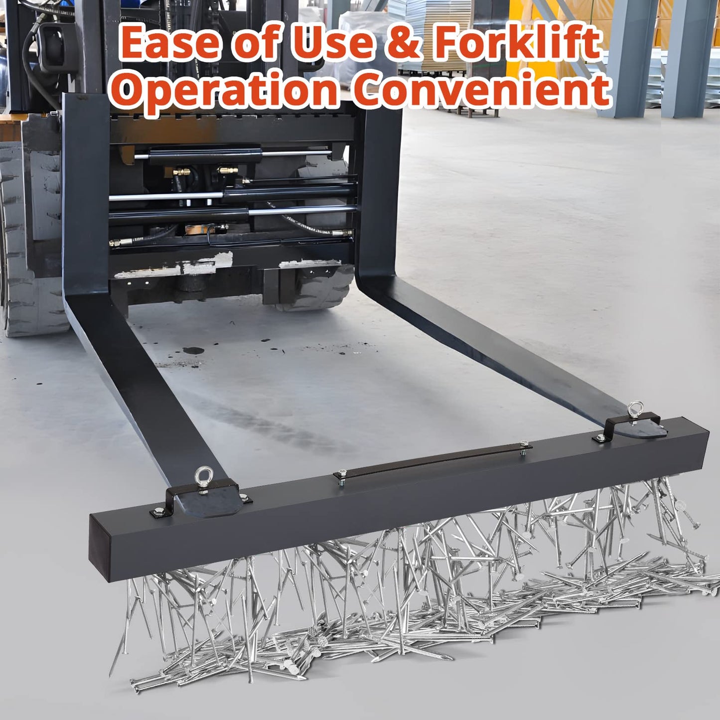 Garvee Hanging Magnetic Sweeper 60 in Heavy-Duty Magnet Sweeper, Nail Magnet Sweeping Tool with 140 LBS Lifting Capacity, 2 Eye-Bolts Forklift Magnetic Sweeper Unit, Hanging Magnet for Forklift