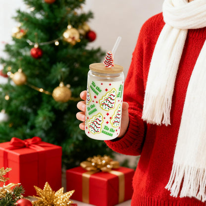 Joyseller Christmas Gift Glass Cup, Christmas Iced Coffee Tumbler with Festive Holiday Tree Cakes Design, 18oz Reusable Beer Can Drinking Glass for Holiday Tea & Winter Beverages