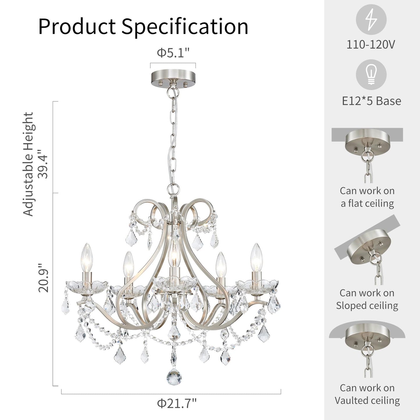 WUZUPS Crystal 5-Light Candle Chandelier Pendant Flushmount Ceiling Light Modern Lighting Fixture for Bedroom Hallway Bar Kitchen Bathroom, H 20.9" x W 21.7", Brushed Nickel, E12 Base