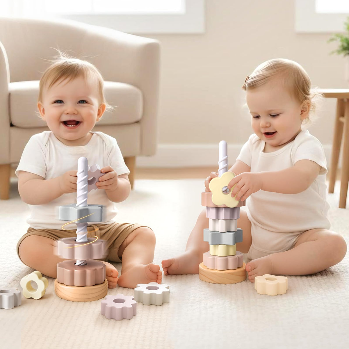 Joyreal Wooden Spinning Stacking Toys, Neutral Ring Stacker Montessori Toys for Toddlers 1-3, Christmas Birthday Gifts for Boys Girls