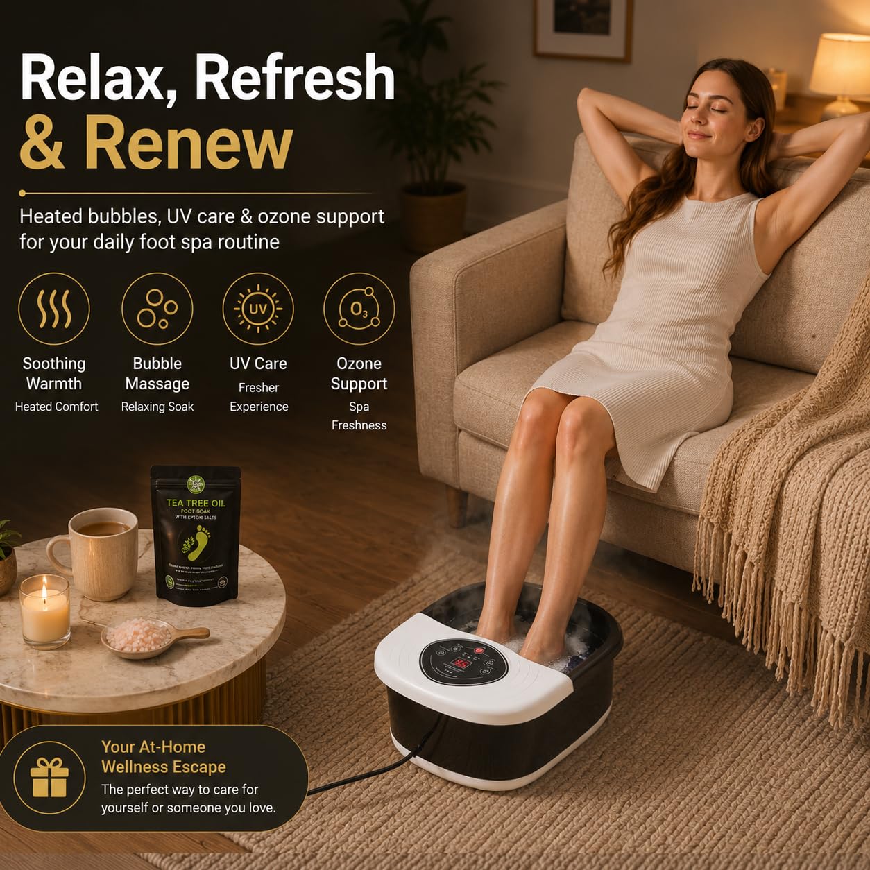 ACCOPURO Foot Spa Bath Massager with Heat, UV Ozone & Oxygen Bubbles, Shiatsu Rollers Epsom Salt Temperature Control, Relieves Stress and Feet Pain - Home Pedicure Soaking Tub Gift for Women/Men