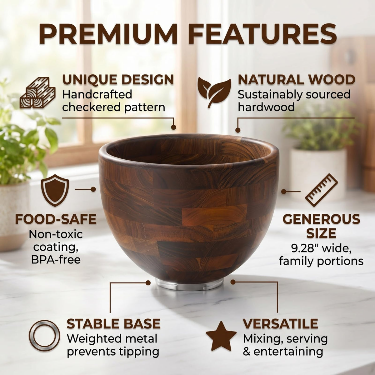 Binken Walnut Wooden Mixing Bowl Compatible with 4.5 & 5 QT Tilt-Head Stand Mixers, 5 Quart Natural Wood Dough Bowl for Baking, Kitchen Prep & Serving