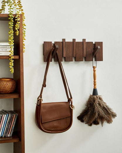 Wood Coat Rack Wall Mount - Large Walnut Piano Coat Rack wtih 5 Hooks for Hanging Clothes,Keys,Robes,Purse,Towels,Modern Decorative Wall hooks Heavy Duty Hanger Organizer for Bathroom/Bedroom/Entryway
