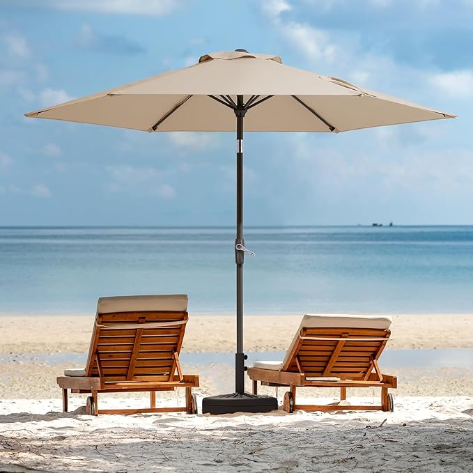 JEAREY 7.5FT Patio Umbrella Outdoor Market Umbrella with 6 Sturdy Ribs, Push Button Tilt/Crank Table Umbrella for Garden, Deck, Backyard and Pool, Beige