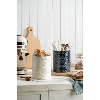 MIKIGEY Kitchen Utensil Holder, 6x7 inch Large Ceramic Utensil Holder with Embossed Pattern, Cooking Utensil Crocks for Kitchen Countertop, Home Decor, Off-White