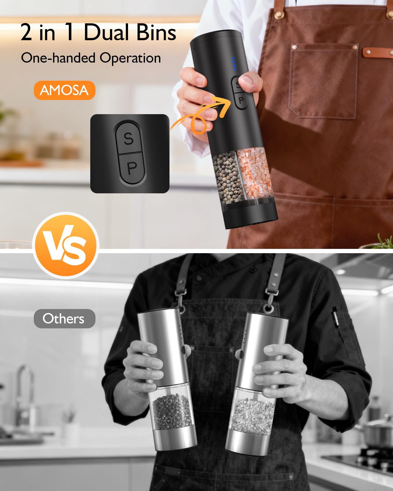 Electric Salt and Pepper Grinder Set, 2 in 1 Dual Bins USB Rechargeable Refillable Automatic Salt and Pepper Mill Shaker with LED Light, Dual Ceramic Grinder Adjustable Coarseness, kitchen gift, Black