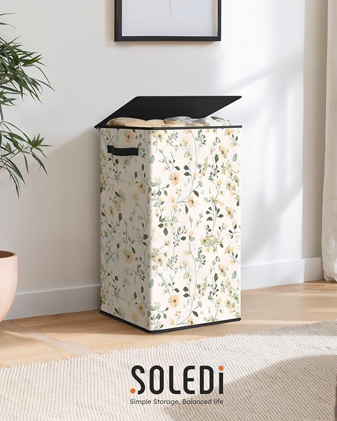 SOLEDI Laundry Hamper with Lid, 90L Tall & Large Floral Laundry Basket