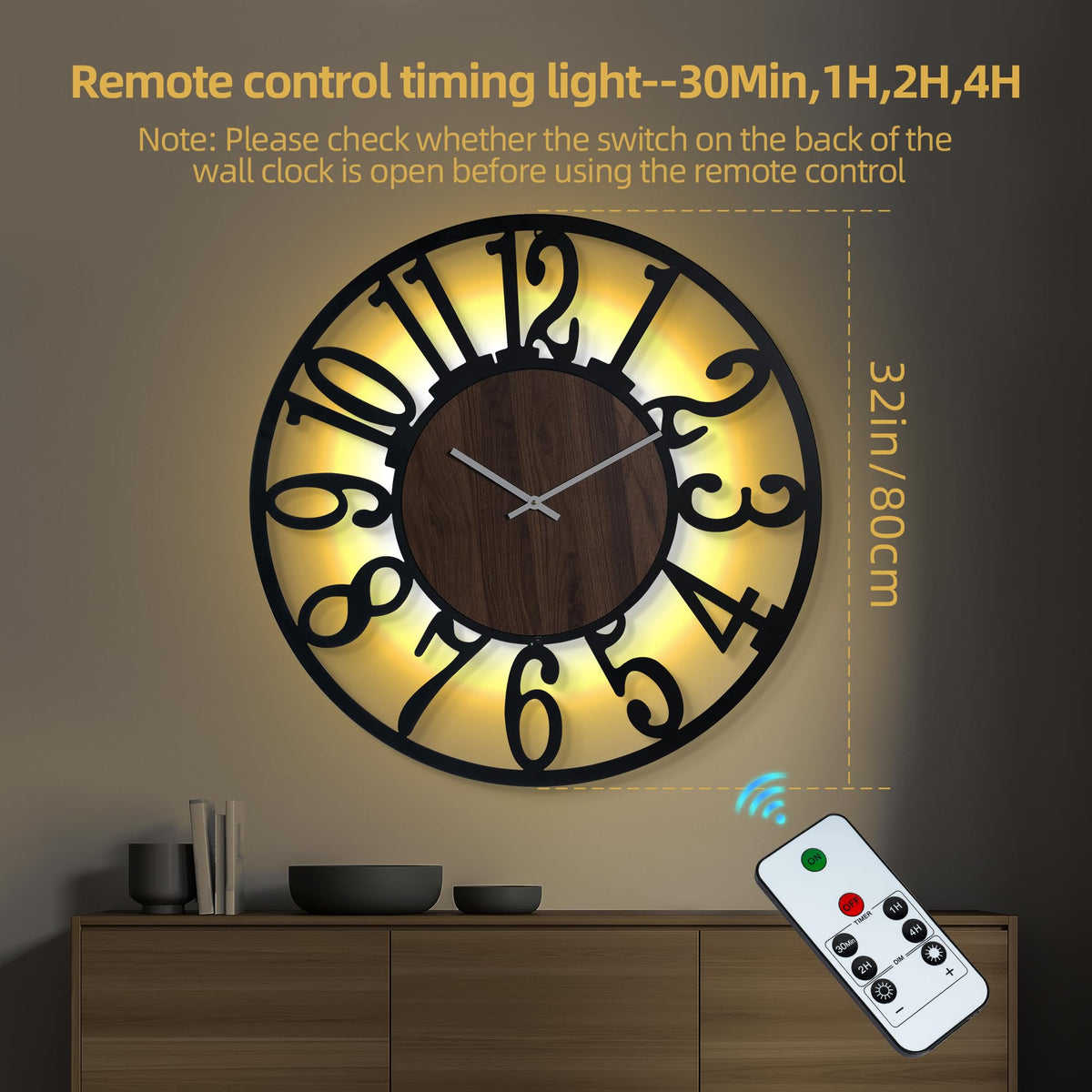 LEIKE Large Wall Clock 32'' Lighted Rustic Wood Clock with Remote Timer, Silent Battery Operated Modern Oversized Wall Clock for Living Room, Bedroom, Farmhouse, Home Decor, Large Number Display