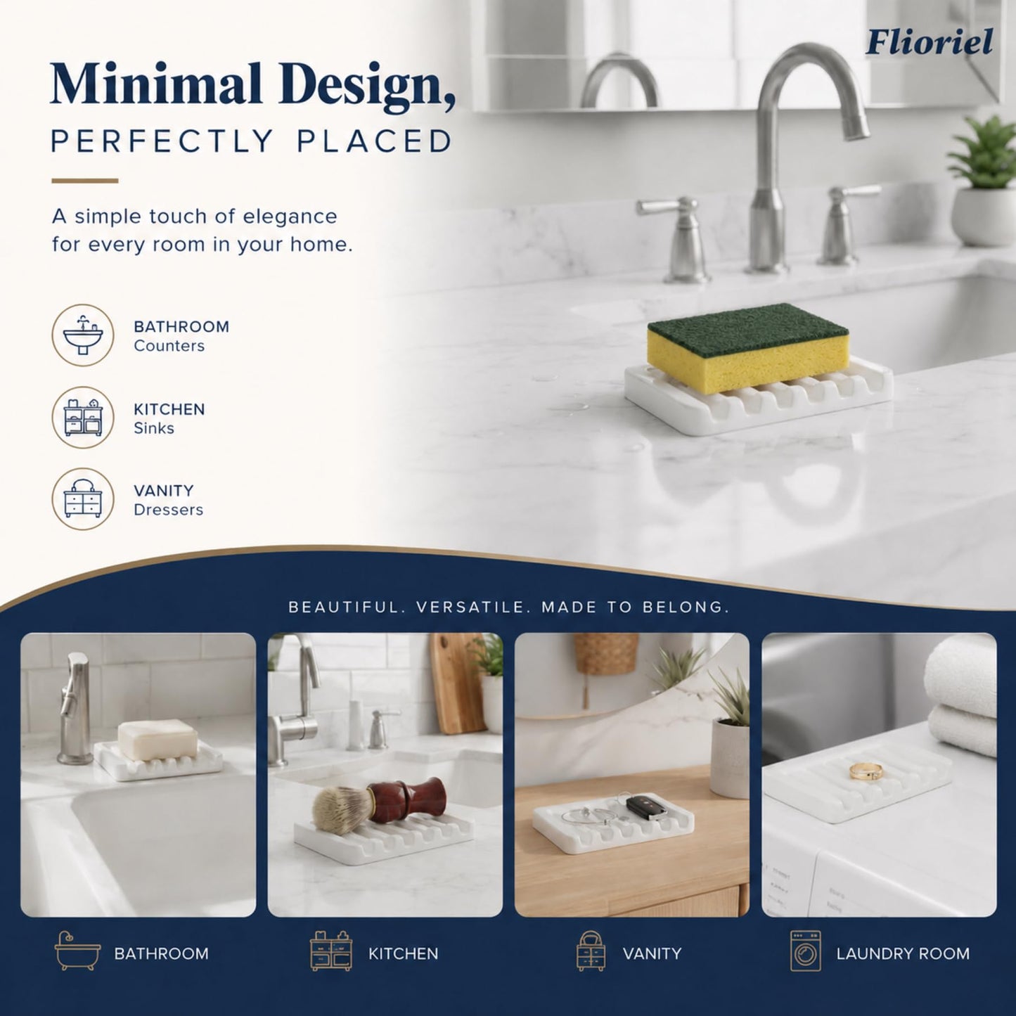 Flioriel White Ceramic Soap Dish, Self Draining Soap Holder for Shower & Bathroom Sink, Porcelain Soap Tray with Anti-Slip Silicone Pads, Easy to Clean & Keep Soap Dry, Modern Minimalist (White)