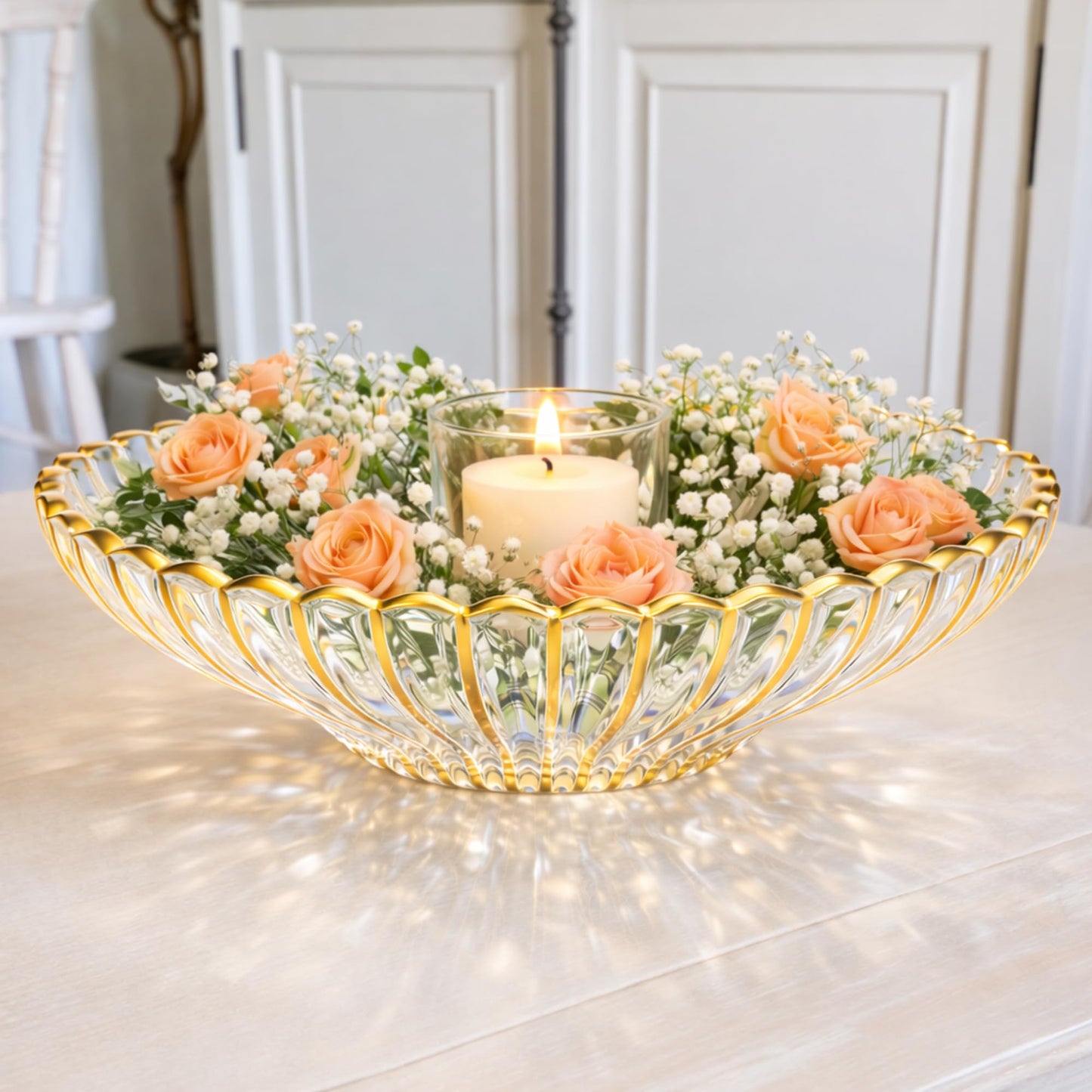 Yiyiring Gold Large Decorative Bowl 11'' Hand-painted Ruffle Decorative Bowl Glass Fruit Bowls Crystal Key Bowls Modern for Counter Home Decoration Table Centerpiece Kitchen Dining Room(Flat)
