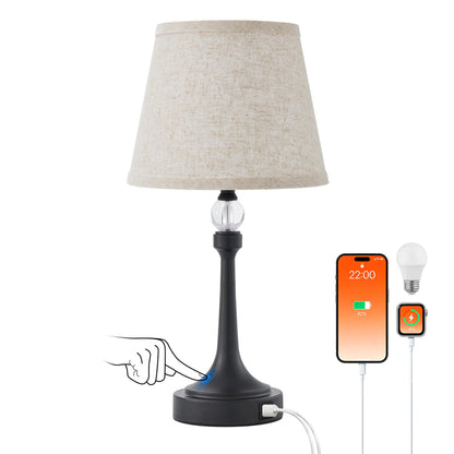 Leasgy 19.7'' Touch Table Lamps for Living Room, Small Lamp for Bedroom with USB C+A Ports, Dimmable Touch Lamps, Reading Desk Lamp for Office, Metal Bedside Lamps, Bulb Included, 1pcs, Black