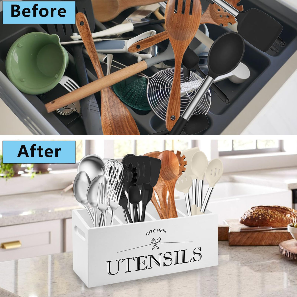 Kitchen Utensil Holder with 4 Compartments, Wooden Utensil Organizer for Countertop, Ideal for Storage and Organization, Rustic Cooking Utensil Kitchen Tool, White