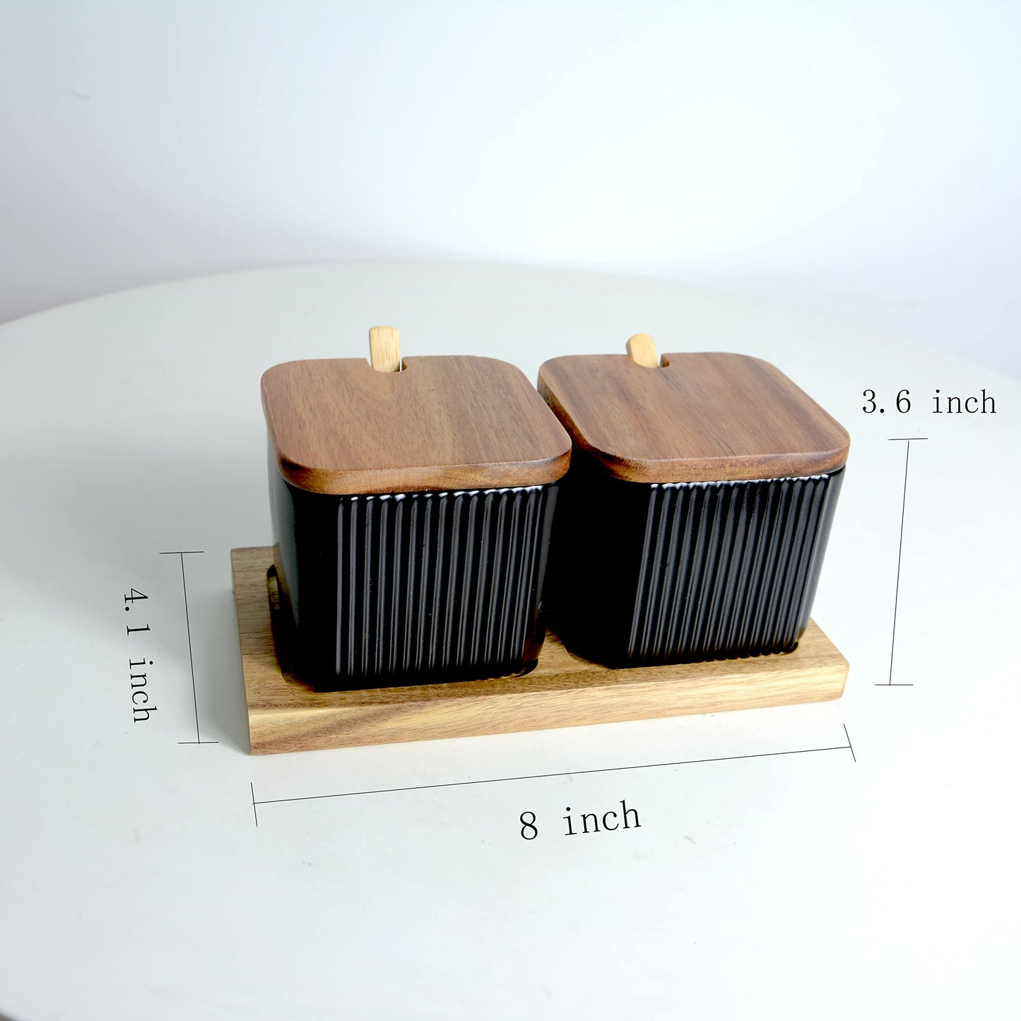 BIHOIB Black Porcelain Sugar Bowl Condiment Pot Salt Container with Wooden Lid, Spoon and Tray, Modern Spice Box Seasoning Jar, Set of 2