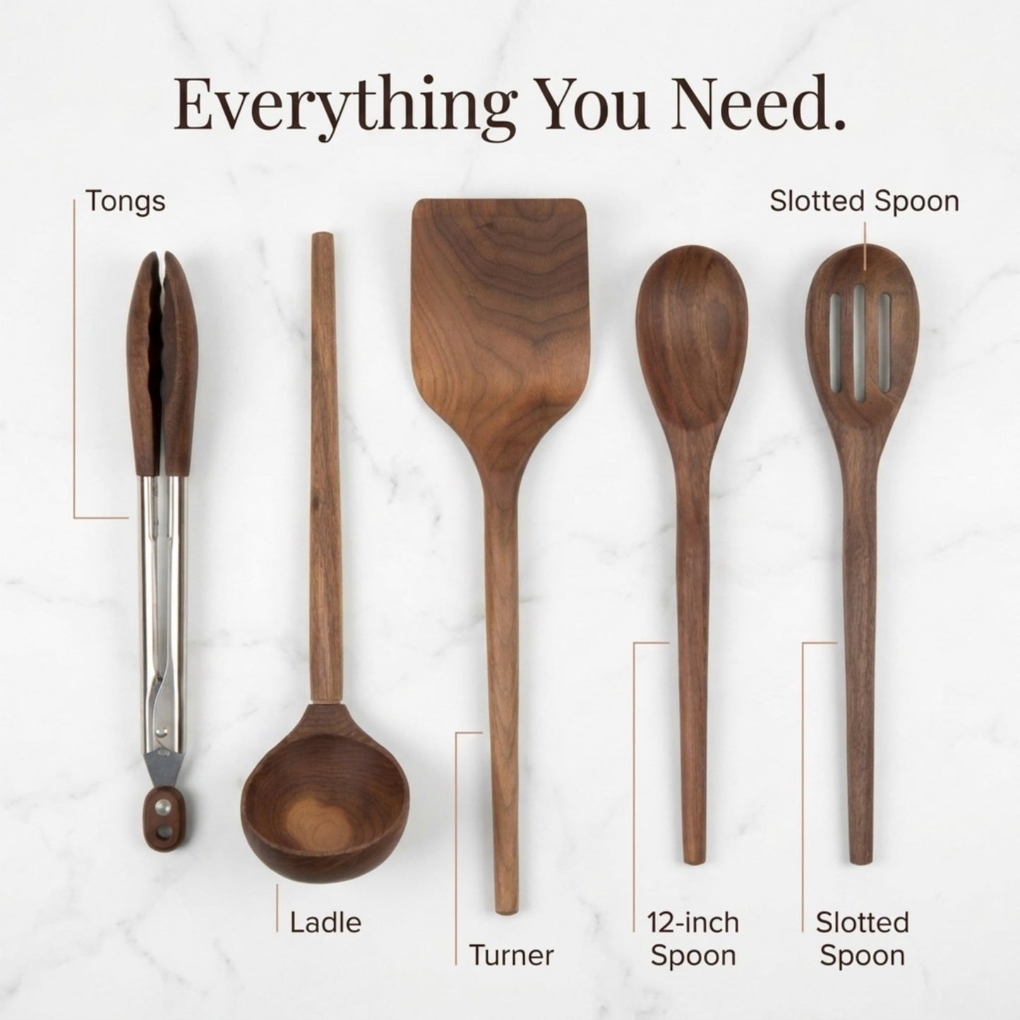 Salt & York 5-Piece Walnut Kitchen Utensil Set with Turner, Tongs, Slotted Spoon, Ladle and 12" Spoon, Farmhouse Style Kitchen & Cookware, Ideal for Entertaining, Wedding and Housewarming Gift