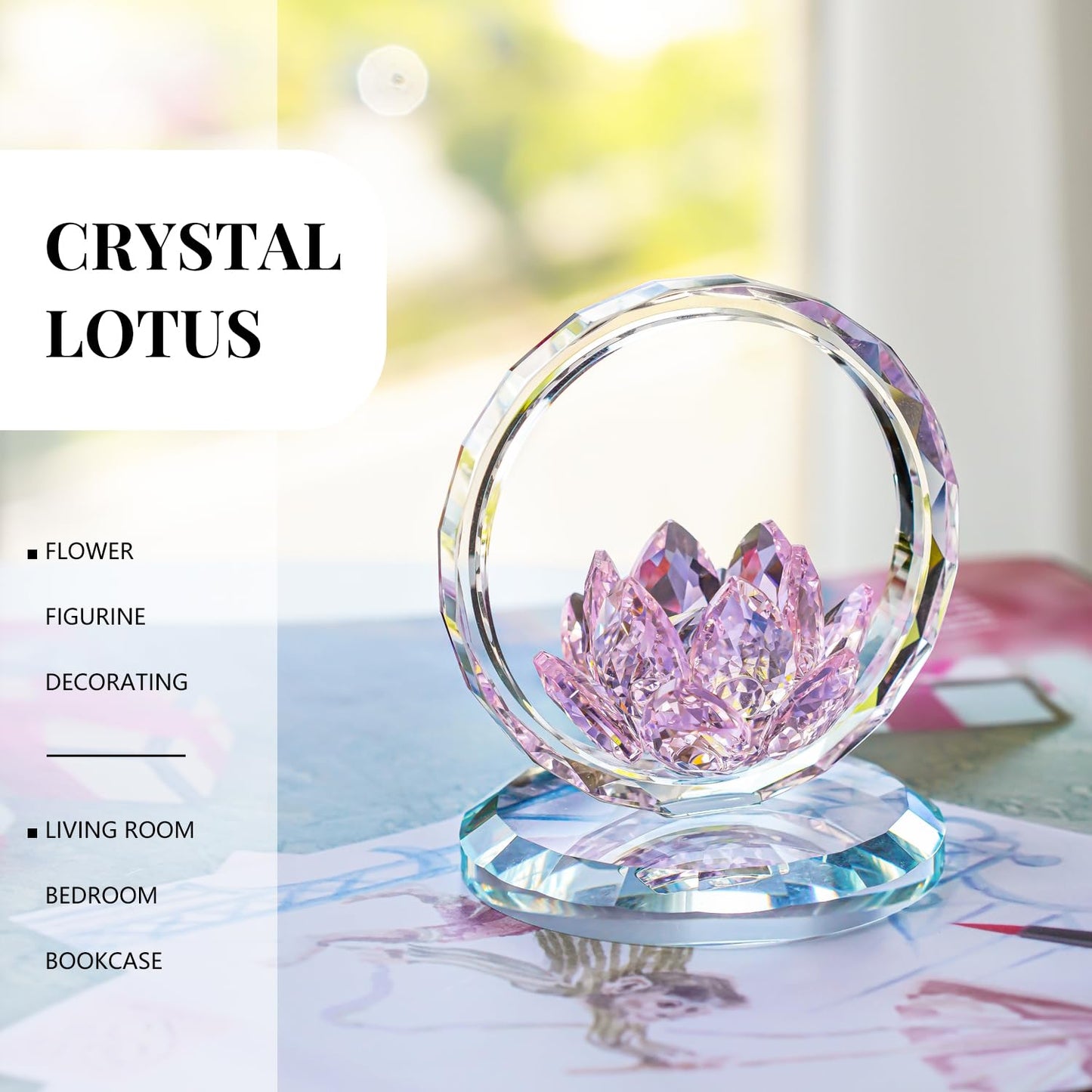 H&D HYALINE & DORA Pink Crystal Lotus Flower Basket Figurine Crystal Lotus Figurine Collectible Glass Flower Basket Ornament for Home Tabletop Centerpiece Decor