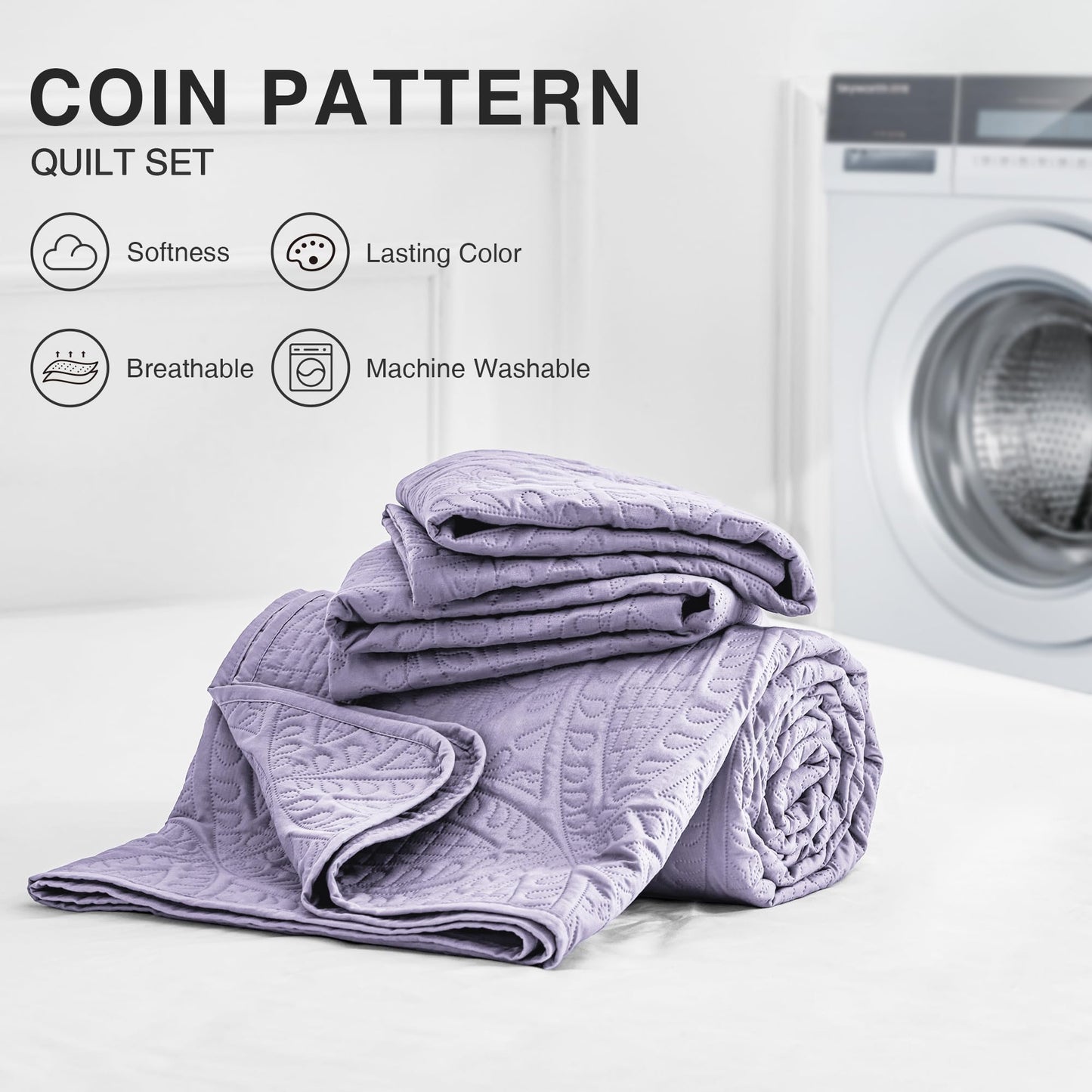 Love's cabin King Size Quilt Bedding Set Lavender Bedspreads - Bed Lightweight Bedspread Comforter - Coin Pattern Bedding Coverlet for All Season - 3 Pieces (1 Quilt, 2 Pillow Shams)