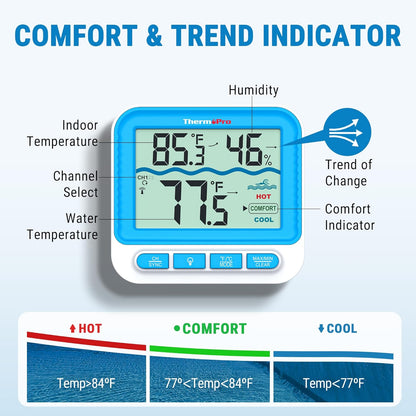 ThermoPro Waterproof Wireless Indoor Outdoor Thermometer for Swimming Pool, Upgraded IPX8 Water Temperature Monitor Floating for Hot Tub, Cold Plunge, Ice Bath, Pond