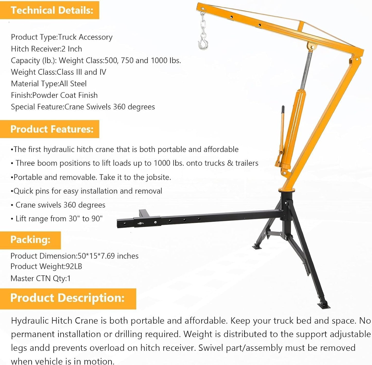 Towallmark Hydraulic Pickup Truck Crane, 1000 LBS Capacity Hitch Mounted Crane with 360° Swivel, 3 Adjustable Capacities (500 to 1000 LBS) for Construction Goods Lifting, Yellow
