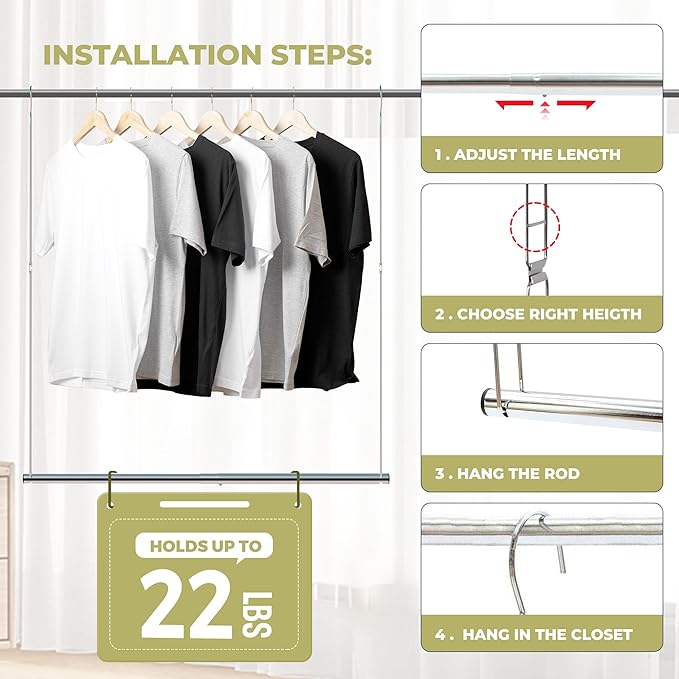 Hanging Closet Rod, 17-29In Adjustable Width and Up to 37In Height Adjustable