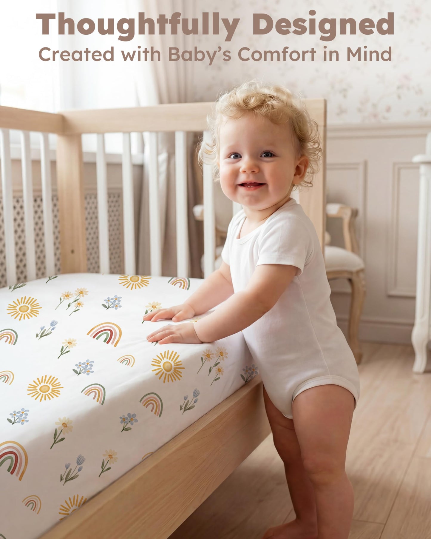Nyessmee Baby Crib Sheets for Boys and Girls, Fitted Crib Sheets 52" x 28", Soft Breathable Microfiber Sheets for Standard Crib and Toddler Mattress, 2-Pack Orange Rainbow