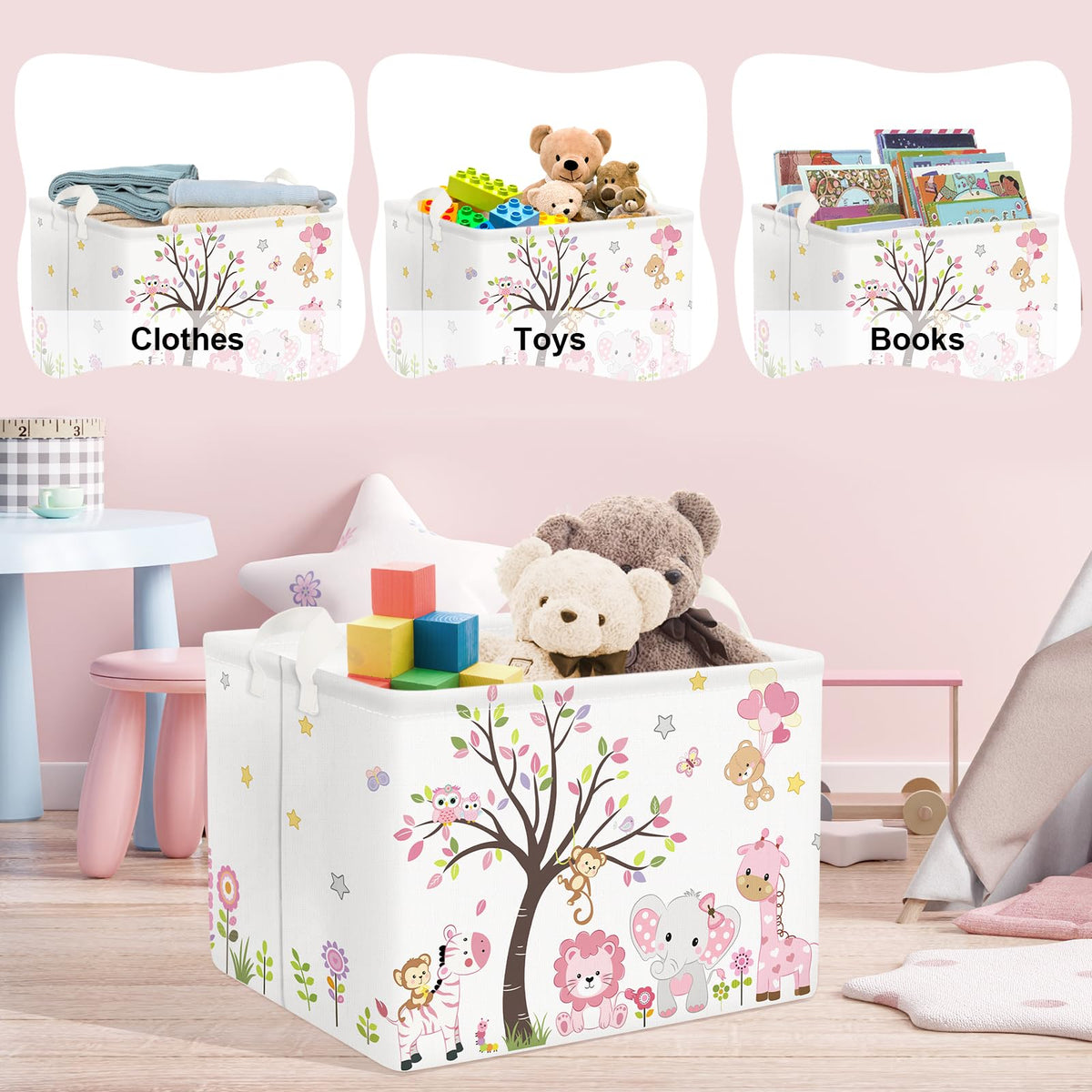 Clastyle Collapsible Large Pink Woodland Animal Baby Girl Bakset Jungle Animals Lion Giraffe Book Shelf Basket with Handle Rectangle Toy Clothes Cube Storage Basket for Kids Room