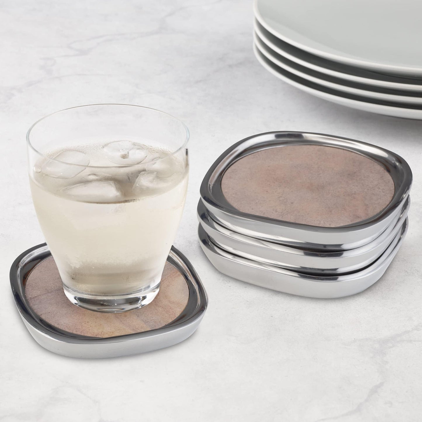 nambe Sandstone Coaster 4-Piece Set | Stone Drinks Coasters for Tabletop Protection | Made of Sandstone and Nambe Alloy | Naturally Absorbent for Coffee Table or Bar Décor | 4.75 Inches.