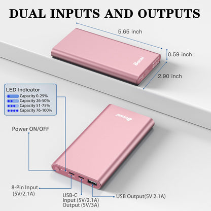 BONAI Portable Charger 12,000mAh 5V/3A Fast Charging Power Bank, Dural Input & Output Ports (USB-C in & Out) Portable Phone Charger for iPhone 17/16/15/14/13/12 Series Galxy Android iPad etc- Pink