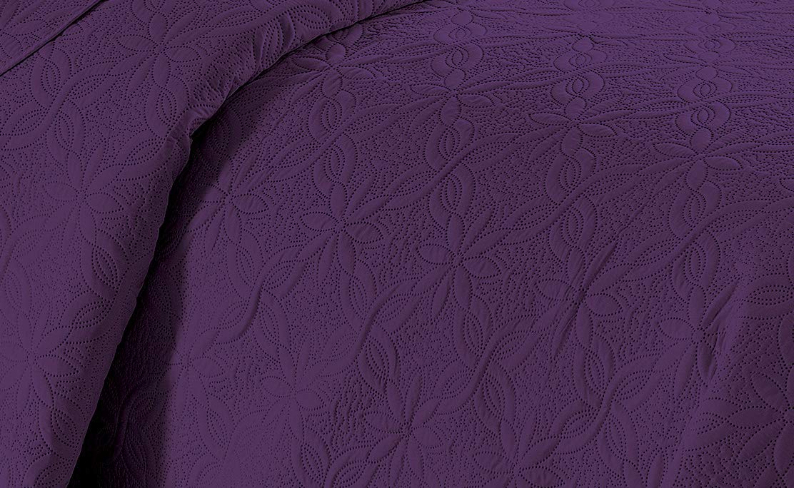 Fancy Linen 3pc Embossed Coverlet Bedspread Set Oversized Bed Cover Solid Floral Daisy Pattern New # Allis (Full/Queen, Purple)