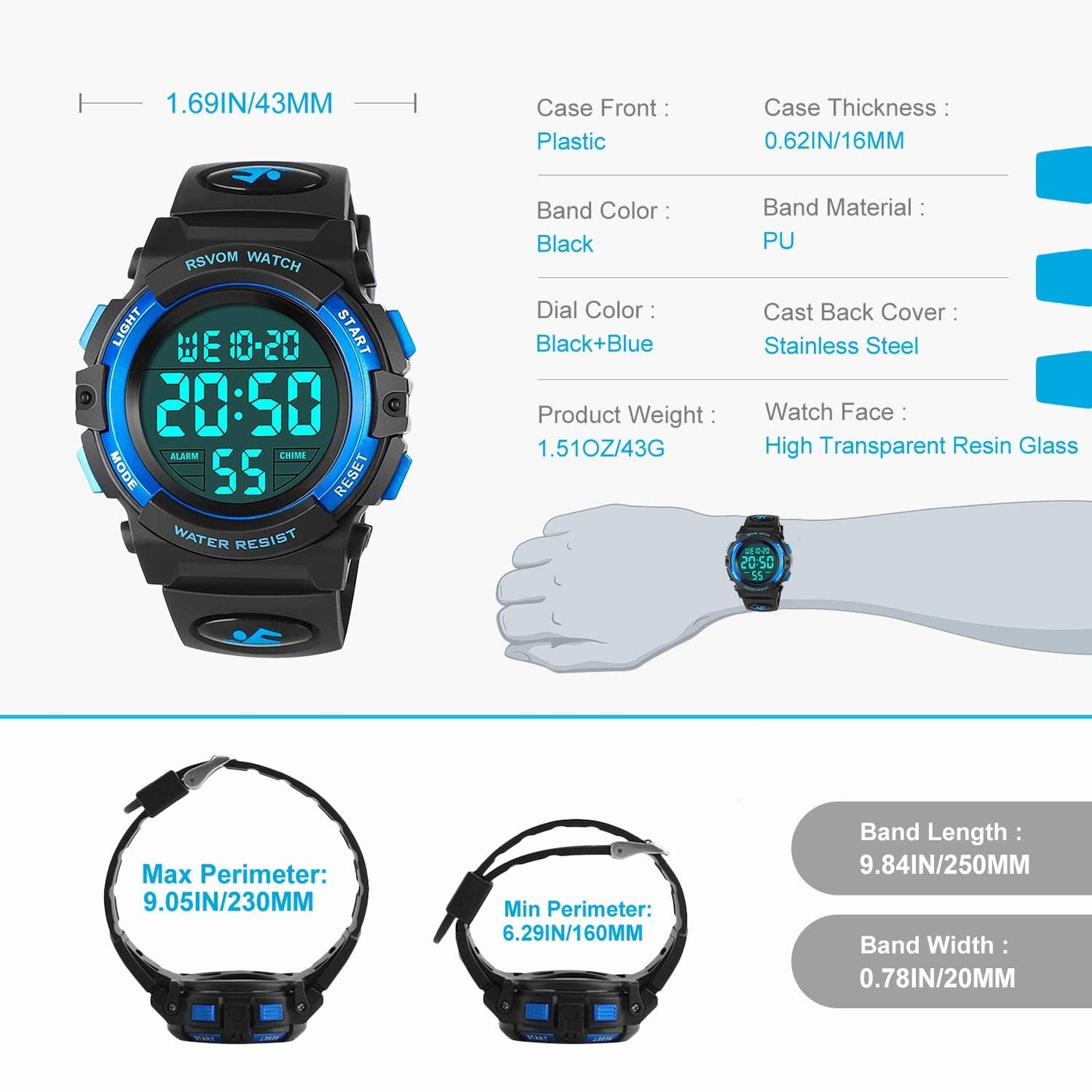RSVOM Kids Boys Watches, Waterproof Outdoor Digital Sports Watch with Alarm/Stopwatch, Kids Digital Wrist Watches for Birthday Gifts/Gifts Blue, S, Strap, Blue, S, Strap