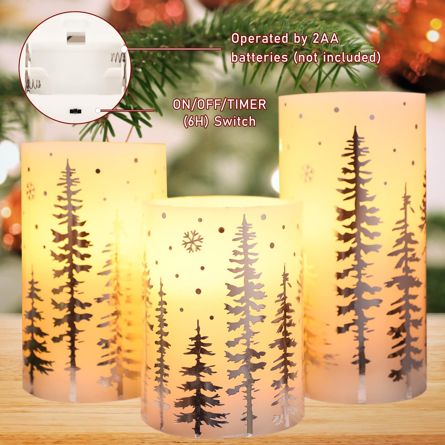 FLAVCHARM Christmas Flameless Candles, Battery Operated, Hot Stamping Silver Xmas Tree LED Flickering Candles with Remote and Timer, Holiday Decorative Pillar for Xmas, Party, Bedroom