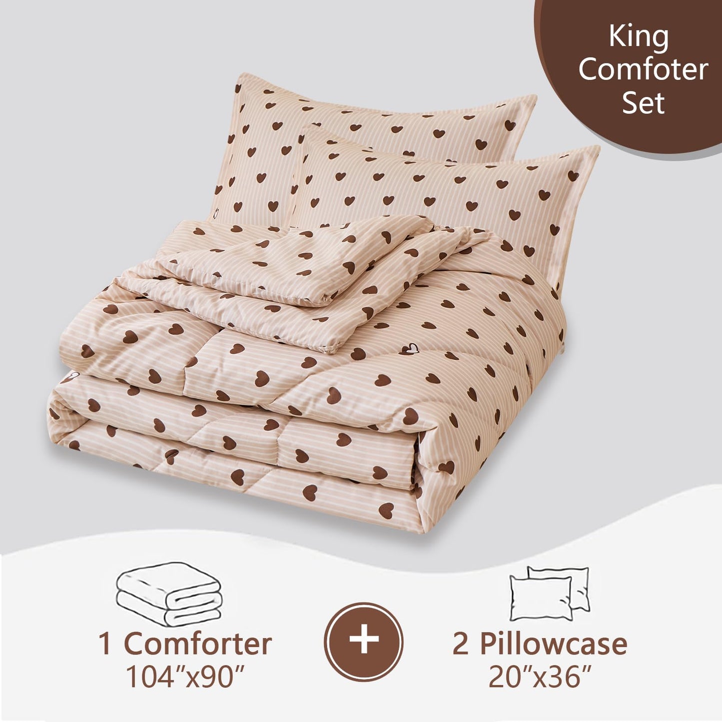Caressma Comforter Girls Brown Heart Striped Pattern Bedding Cute Soft King Comforter Set 3 Pieces with Pillowshams for All Seasons