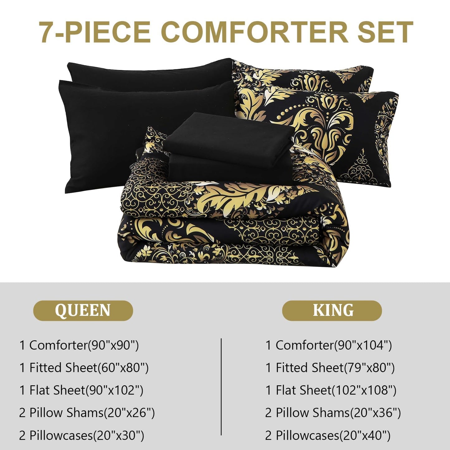 Anibedding Black Gold Comforter Set King Size, 7 Pieces Bohemian Damask Comforter Set Soft Lightweight Microfiber Bedding Set for All Season (104"x90")