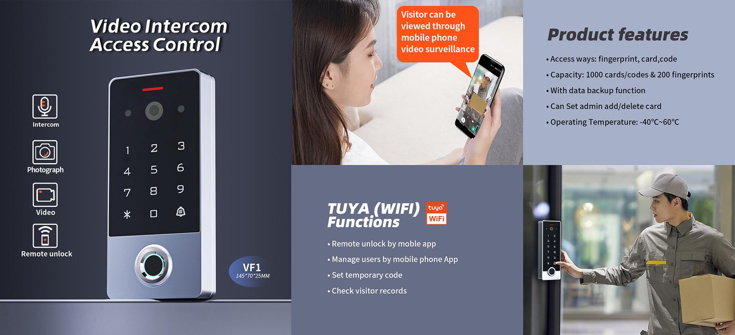 Smart Door Access Control System with Tuya APP Remote Video Intercom & Monitoring, Built-in Camera, 600lbs Magnetic Lock, IP68 Metal Keypad, Fingerprint/Password/ID Card Unlock