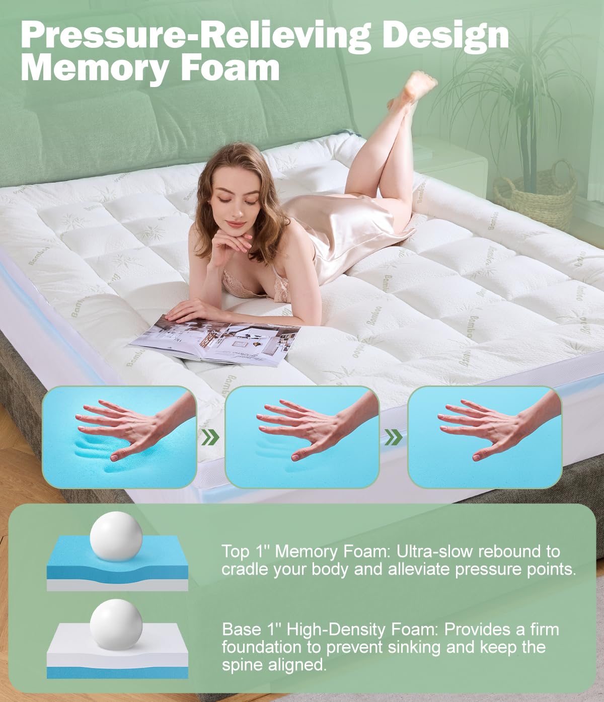 Fracho 4 Inch Queen Memory Foam Mattress Topper, Dual Layer Design with 2" Bamboo Rayon Pillow Top & 2" Cooling Gel Memory Foam, CertiPUR-US Certified Medium-Firm Bed Topper for Pressure Relief