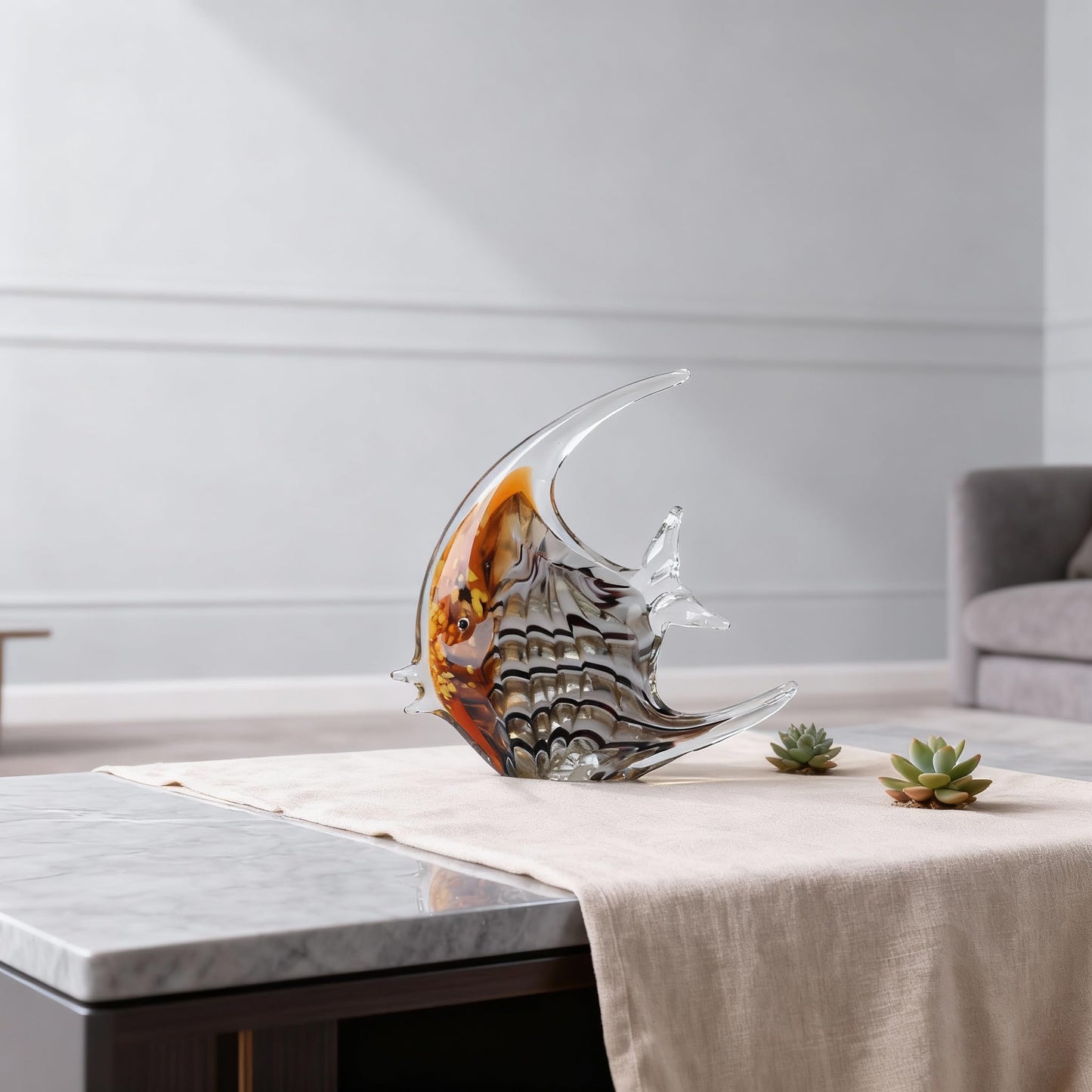 DOVDOV Hand-Blown Glass Fish Decorative Sculpture, Amber Ocean Glass Art Decor, Coastal-Themed Ornament, Suitable for bedrooms, Offices, Coffee Tables, and TV Consoles, Marine Animal Sculpture Art.