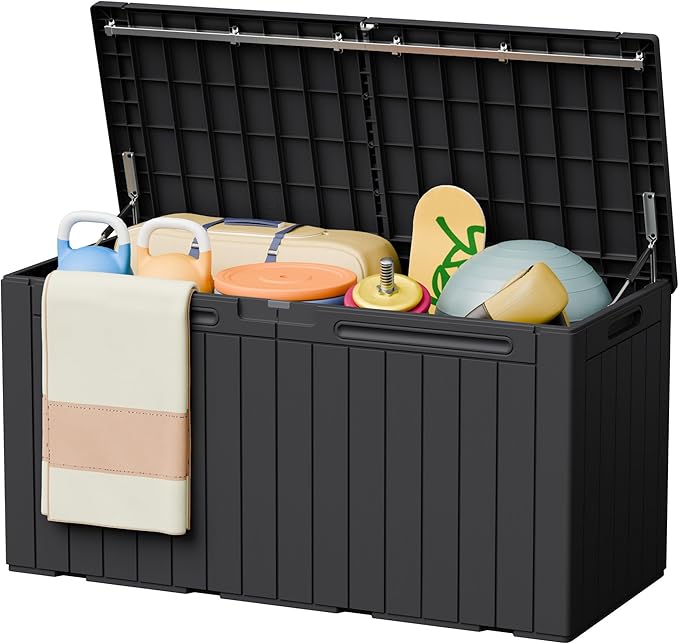 Greesum 110 Gallon Outdoor Storage Box with Lockable Lid, All-Weather Solution for Patio Furniture, Pool Supplies & Garden Tools, Waterproof, UV-Resistant Large Deck Box, Black