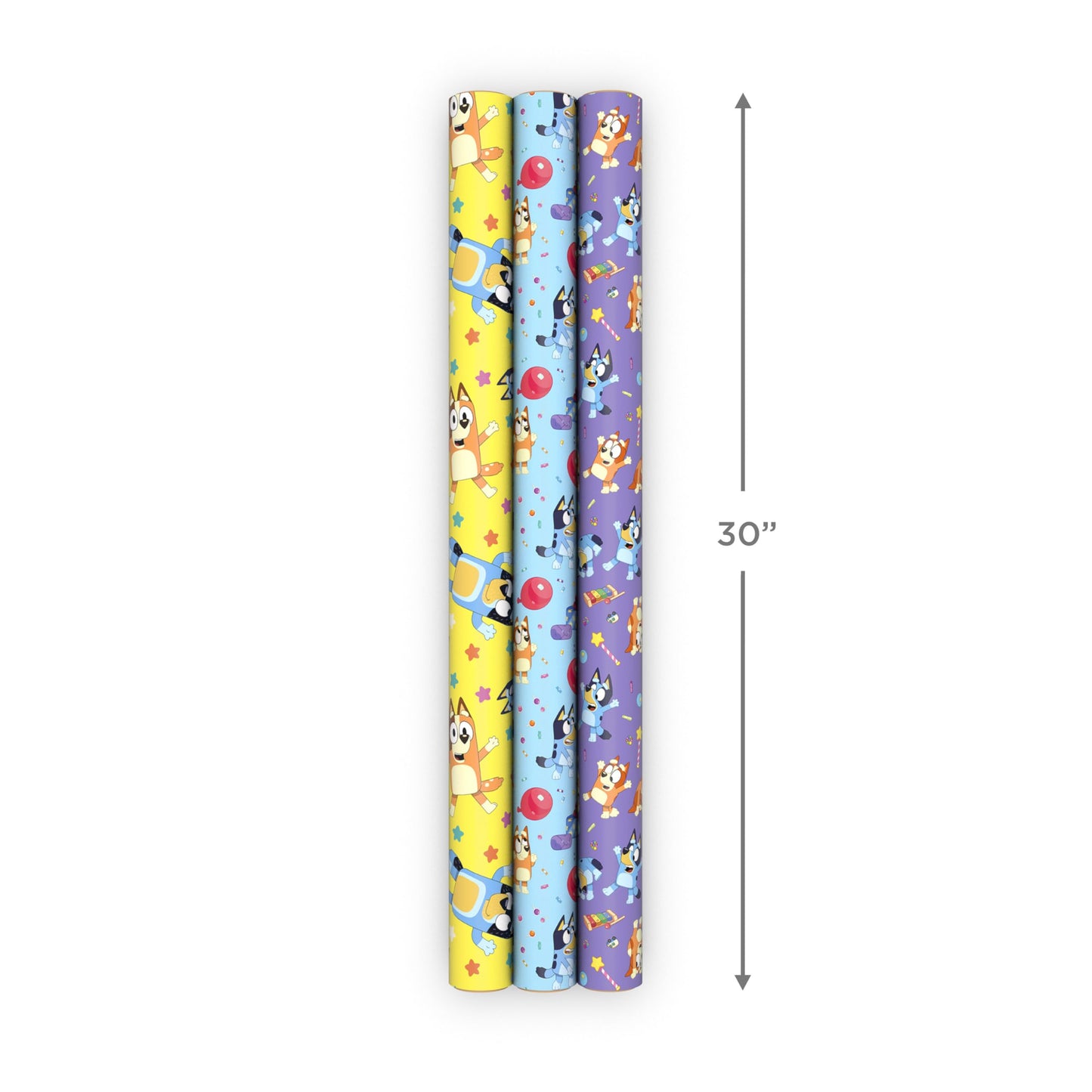 Hallmark Bluey Wrapping Paper Rolls for Kids (3 Rolls: 60 Sq. Ft. Total) Purple, Blue and Yellow Gift Wrap for Birthdays, Christmas, Valentine's Day