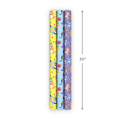 Hallmark Bluey Wrapping Paper Rolls for Kids (3 Rolls: 60 Sq. Ft. Total) Purple, Blue and Yellow Gift Wrap for Birthdays, Christmas, Valentine's Day