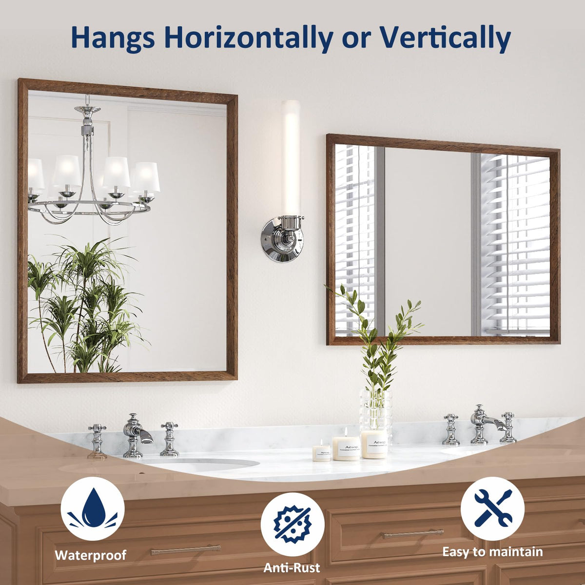 WEER Walnut Framed Mirror for Bathroom, 36x30 Inch Wall Mounted Mirror, Wood Grain Framed Vanity Mirror, Farmhouse Bathroom Mirror, Tempered Glass, Vertically or Horizontally, Anti-Rust