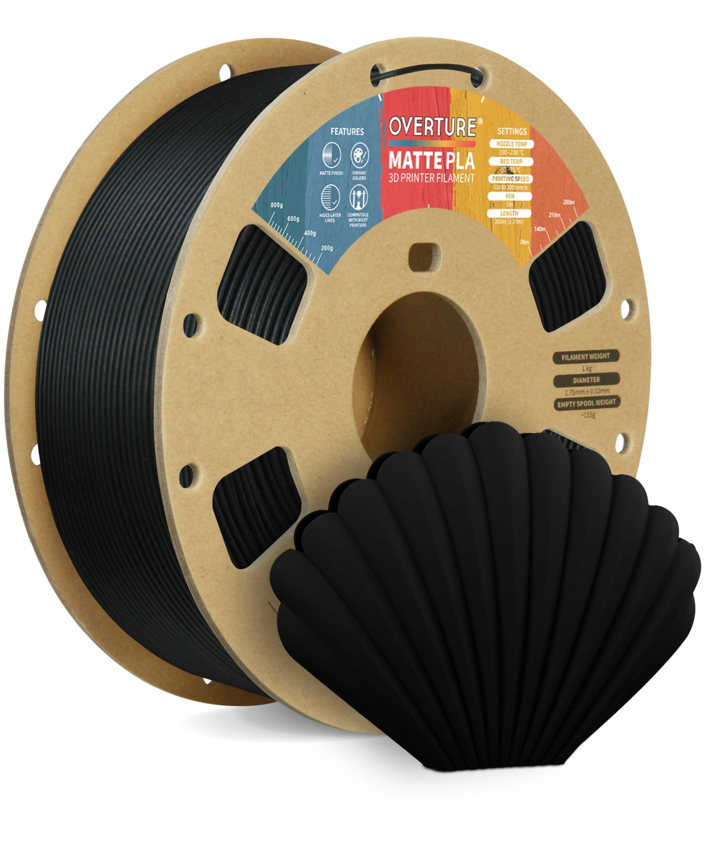 OVERTURE Matte PLA Filament 1.75mm, Easy to Print, PLA Matte 3D Printer Filament 1kg (2.2lbs), Cardboard Spool, Accuracy ± 0.02mm (Matte Black)