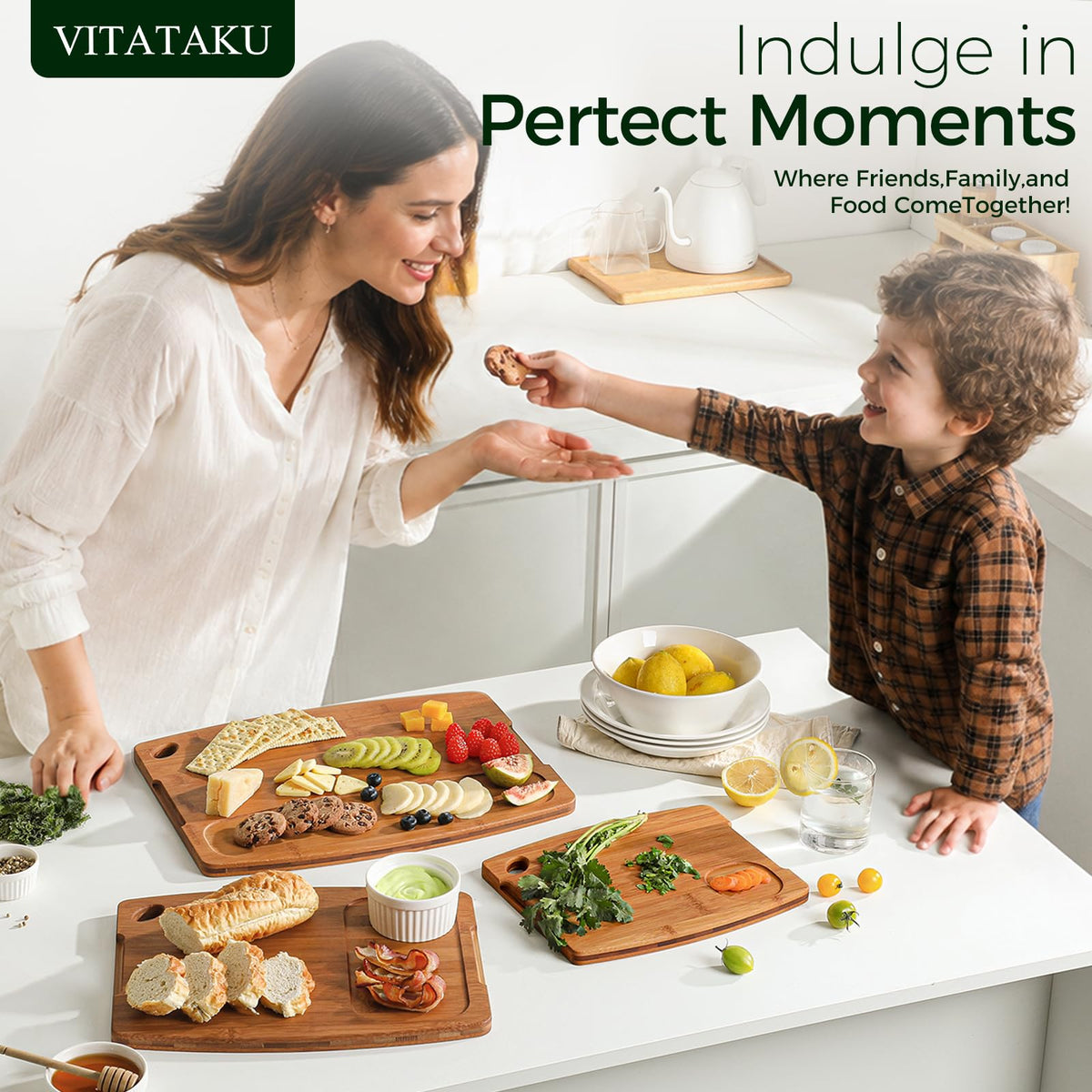 VITATAKU Bamboo Cutting Boards for Kitchen, 15.4" Deep Carbonized Wood Cutting Board with Storage Stand, 3 Piece Extra Thick Cutting Board Set with Deep Juice Grooves, Gift for Charcuterie Boards