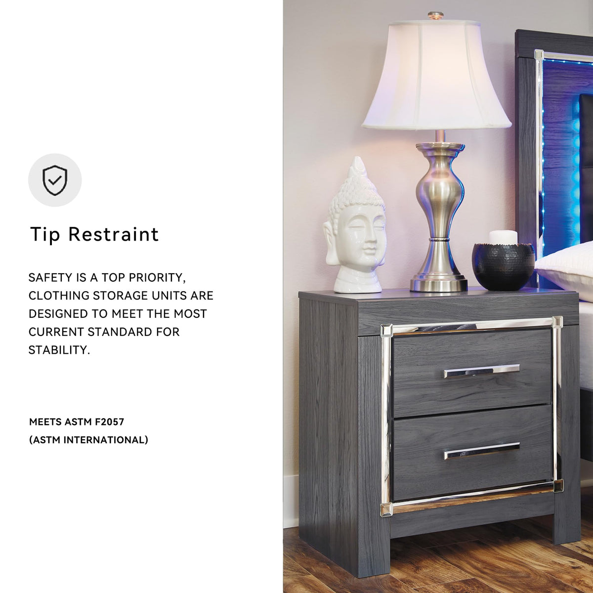 Signature Design by Ashley Lodanna Modern Glam 2 Drawer Nightstand with USB & Wireless Charging Options, 24.41" Tall, Gray Wood Grain