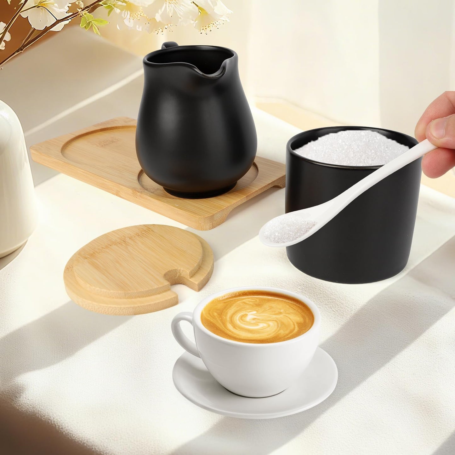 Ceramic Sugar and Cream Serving Set with Lid and Spoon, Coffee Serving Set Coffee Bar Accessories 9oz Creamer 8.45oz Sugar (Black)
