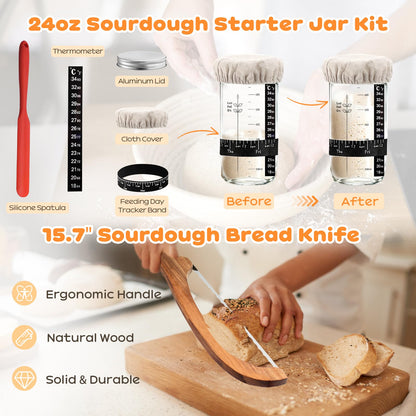 Sourdough Starter Kit, 9" Round & 10" Oval Banneton Bread Proofing Basket, Sourdough Bread Baking Supplies with Sourdough Starter Jar & Bread Slicer, Sour Dough Kit Gifts for People Who Love Baking