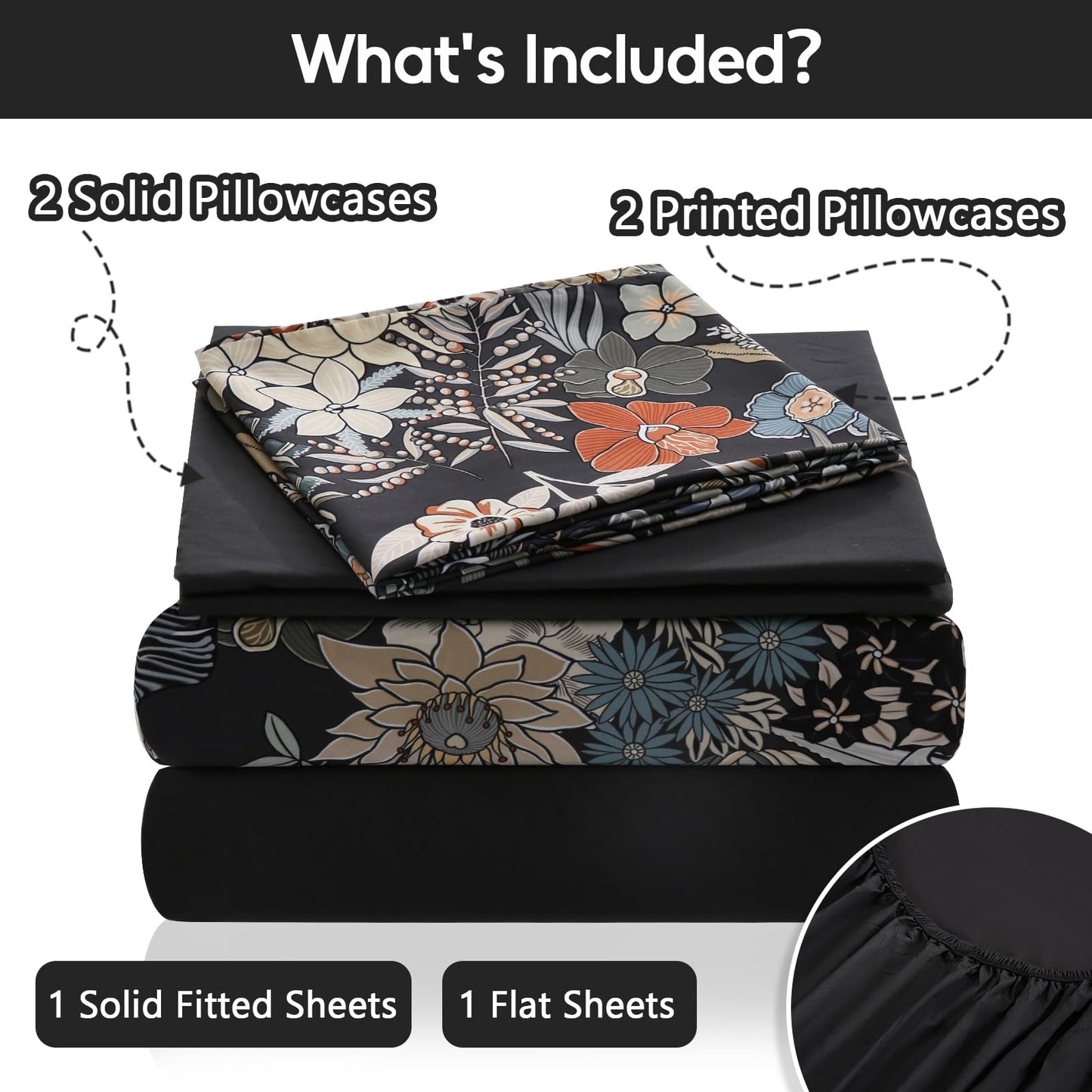 LONAVA Flower King Size 6 Pcs Sheet Set, Breathable Microfiber Deep Pocket Black Fitted Sheets, Comfy & Breathable Patterned Flat Sheets,4 Gentle Soft Pillowcases, Midnight Blossoms