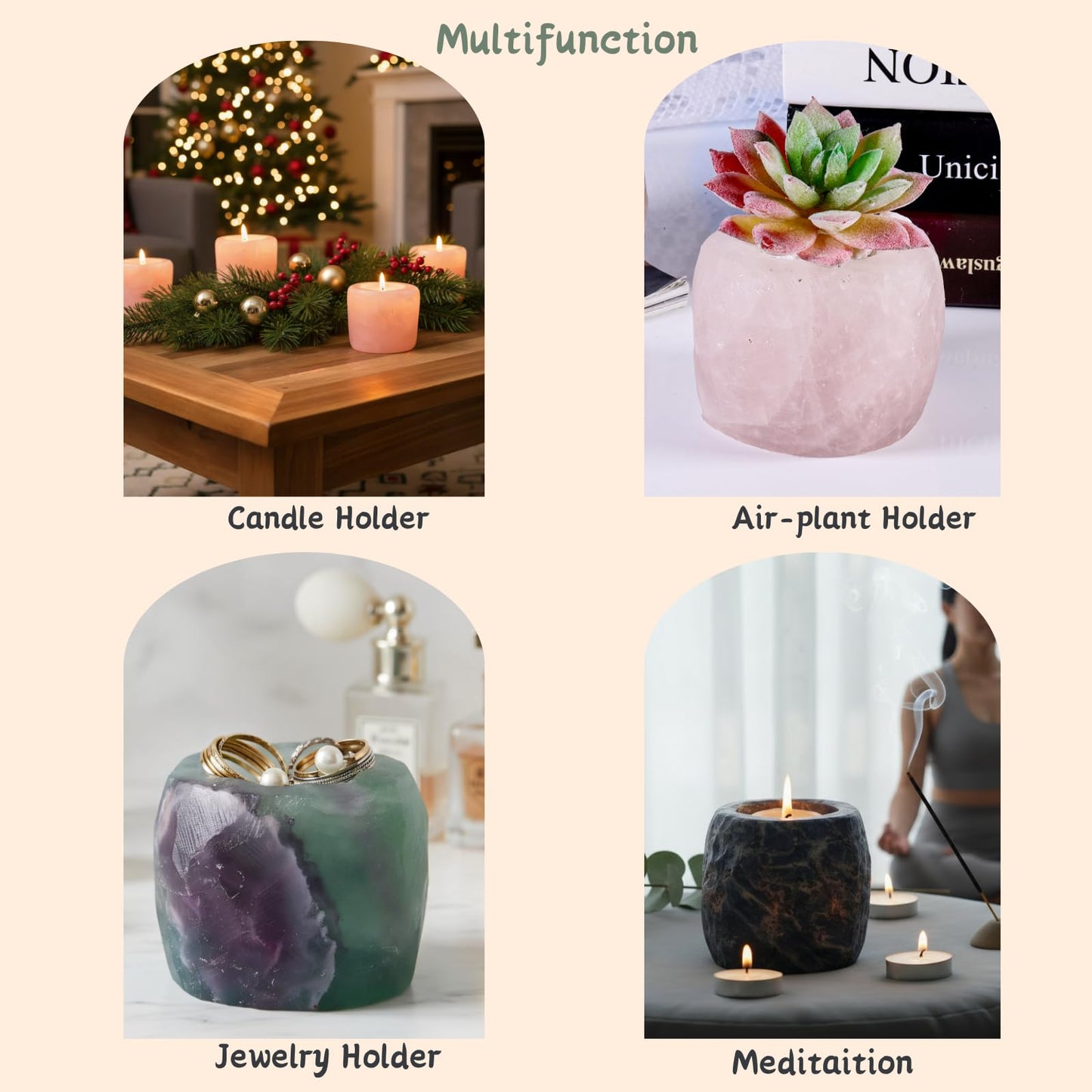 rockcloud Natural Raw Rose Quartz Taper Tea Light Candle Holder Air Plant Holder Healing Stone Home Decoration Figurine